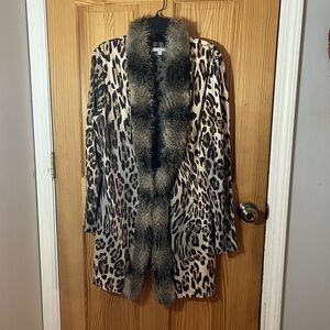 Alberto Makali Animal Print Cardigan with Fur Trim